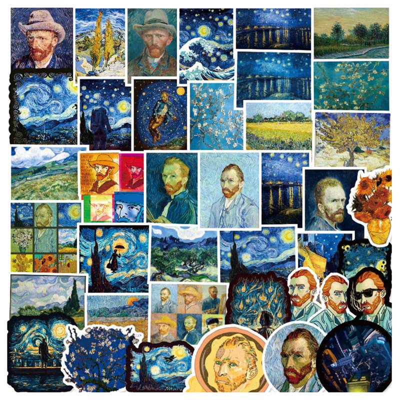 Set 40 Miếng Dán Trang Trí Laptop / Xe Hơi Diy Hình Tranh Vẽ Hoa Hướng Dương Van Gogh