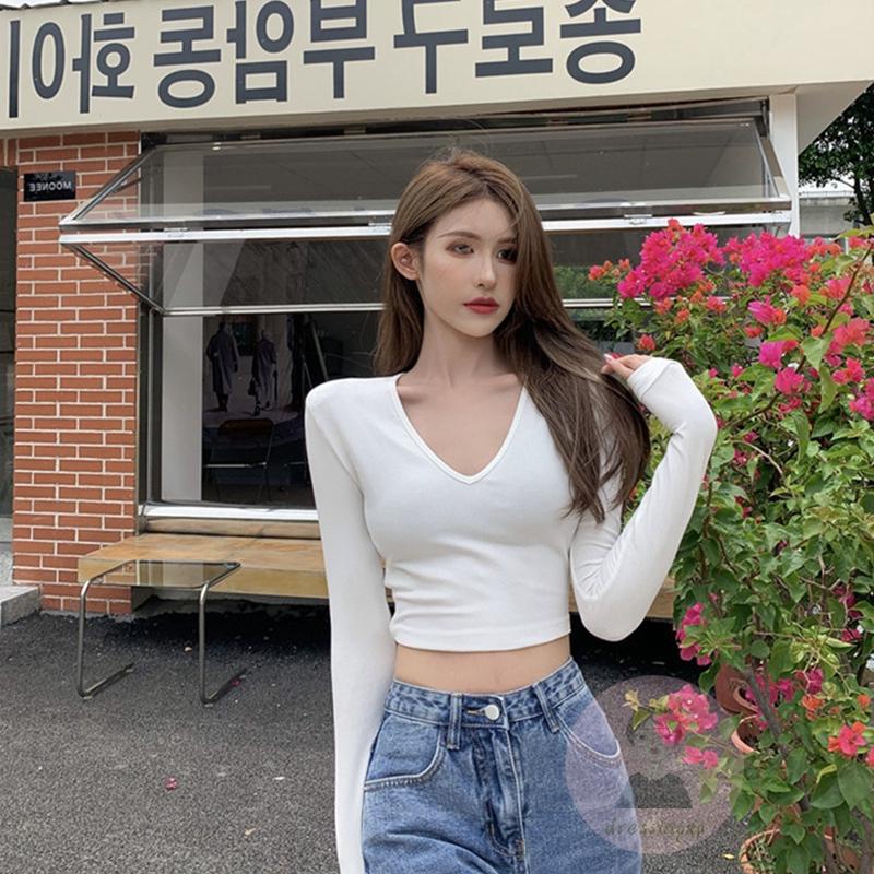 Áo Thun Dài Tay Cổ Chữ V Màu Trơn Thiết Kế Mỏng Năng Động Thời Trang Dành Cho Nữ