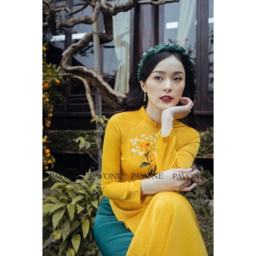 Siêu phẩm áo dài thêu thủ công vàng hoa cúc