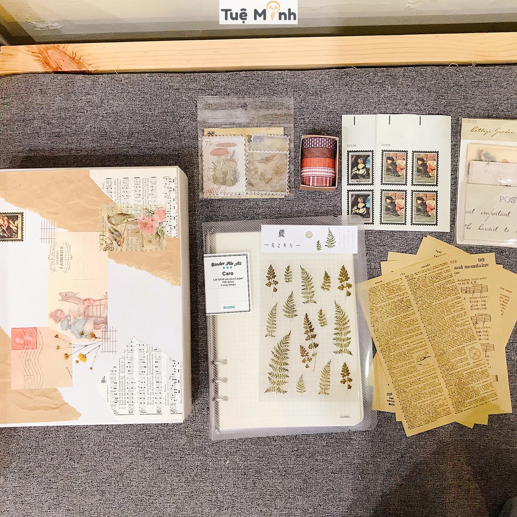 Set trang trí sổ Bullet Journal Vintage gồm binder sổ còng Klong, washi tape, sticker, hộp kraft quà tặng