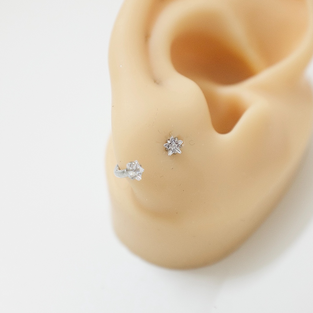 [1 Chiếc] Khuyên Bông Tai Chữ U 2 Đầu Đá Trắng Ngôi Sao Màu Bạc Thép Y Tế Titan Thép Không Gỉ Cá Tính Phong Cách Nam Nữ