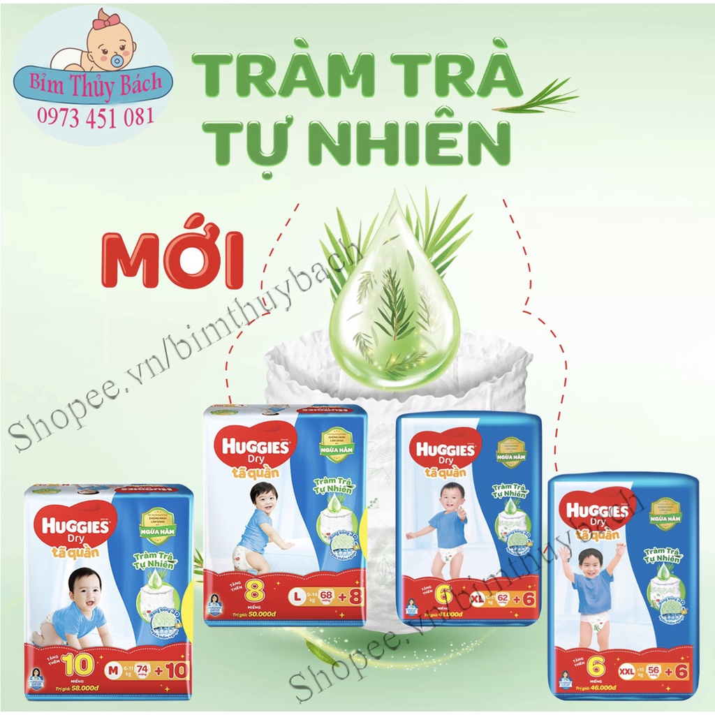 Combo 2 Tã quần/Dán Huggies Tràm Trà M74 +10 miếng/L68/XL60/XXL54 + Tặng 8 miếng
