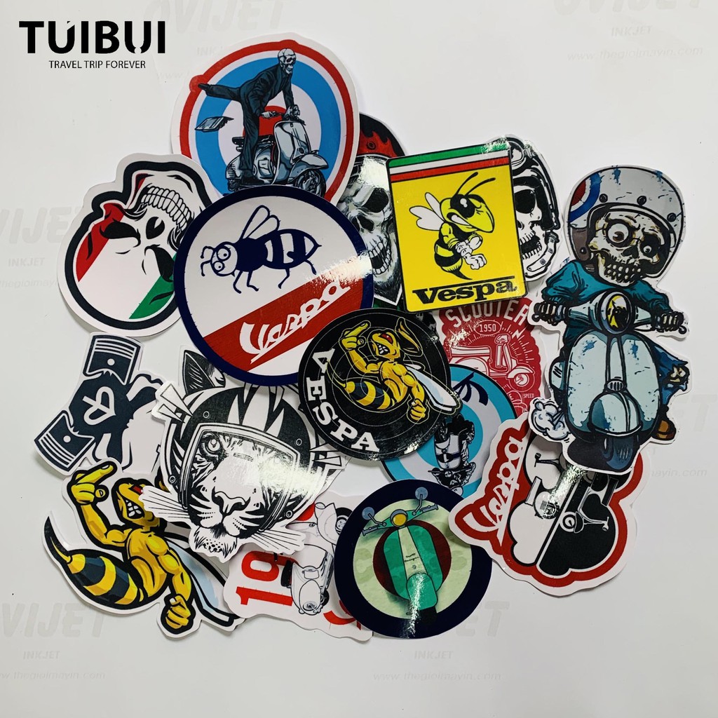 Set Sticker dán ngầu vespa dán mũ bảo hiểm, dán laptop, dán điện thoại, vali..chống nước, bền màu, in theo yêu cầu.