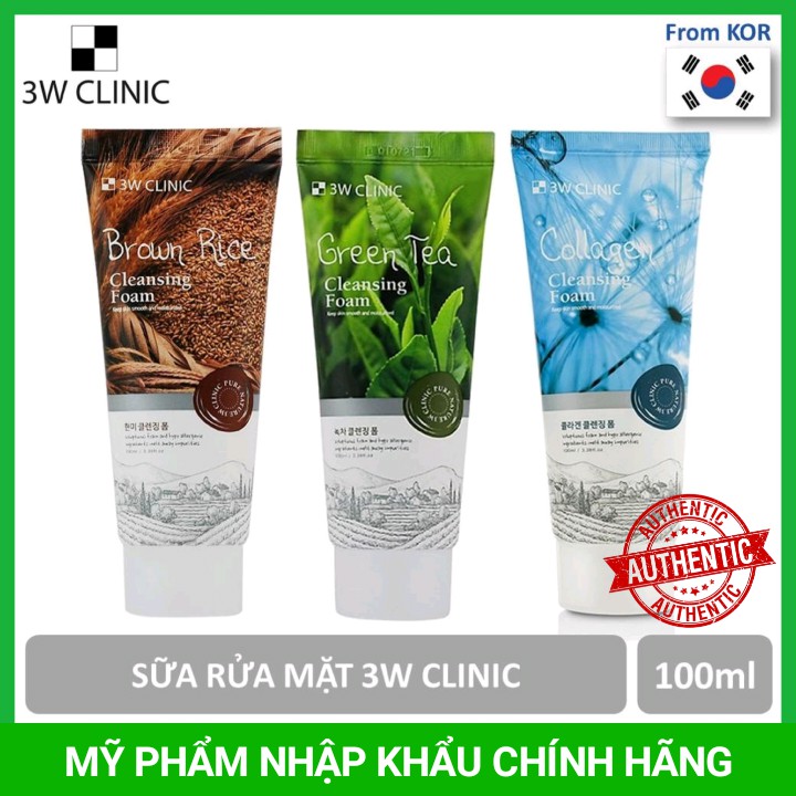 Sữa rửa mặt 3W Clinic Hàn Quốc Trà Xanh/ Collagen/ Hoa Hồng/ Than Hoạt Tính/ Gạo 100ml