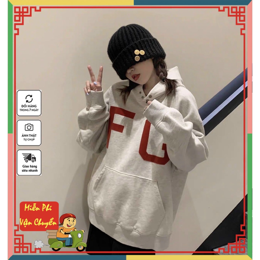 Áo Hoodie Form Rộng, Áo Nỉ Phối 2 Cúc Bấm Nón Độc Đáo in Chữ FG Siêu Hot.U