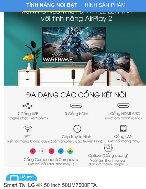 Smart Tivi LG 4K 50in UM7600PTA Remote thông minh hỗ trợ tìm kiếm bằng tiếng việt Đa dạng cổng kết nối ảnh chân thật