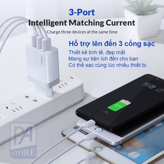 [CÓ SẴN-GIAO NGAY] Củ Sạc Nhanh TOPK QC 3.0 (Quick Charge 3.0) - 3 Cổng USB - Tiêu Chuẩn Châu Âu