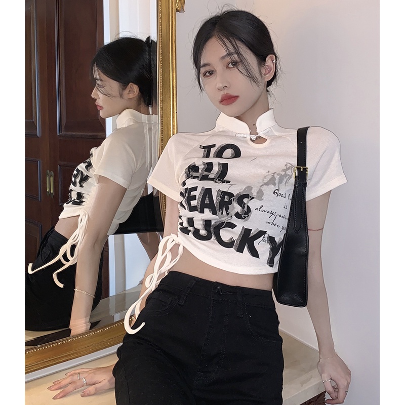 QKOOLE  Áo Thun Croptop Tay Ngắn Phối Dây Rút In Họa Tiết Kiểu Hàn Quốc Xinh Xắn Cho Nữ