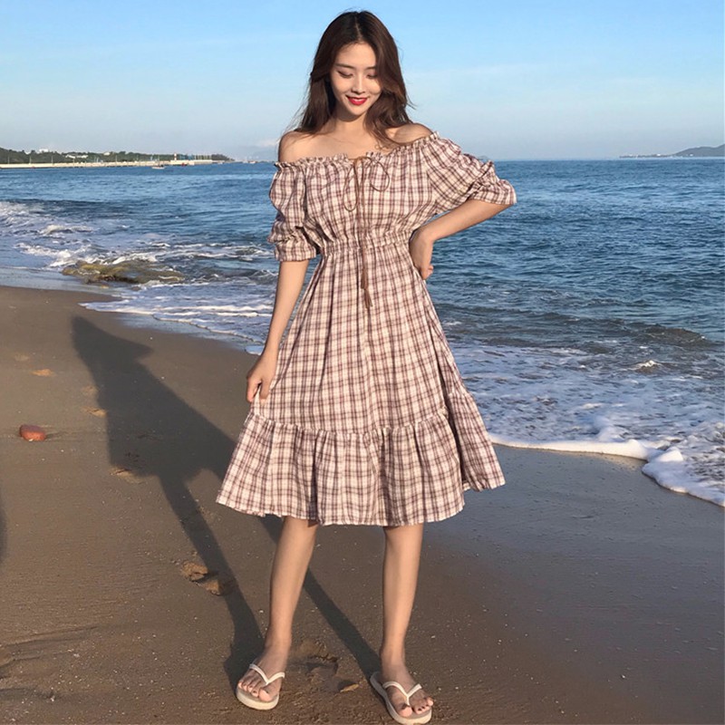 (SẴN XANH) Váy kẻ trễ vai dáng dài