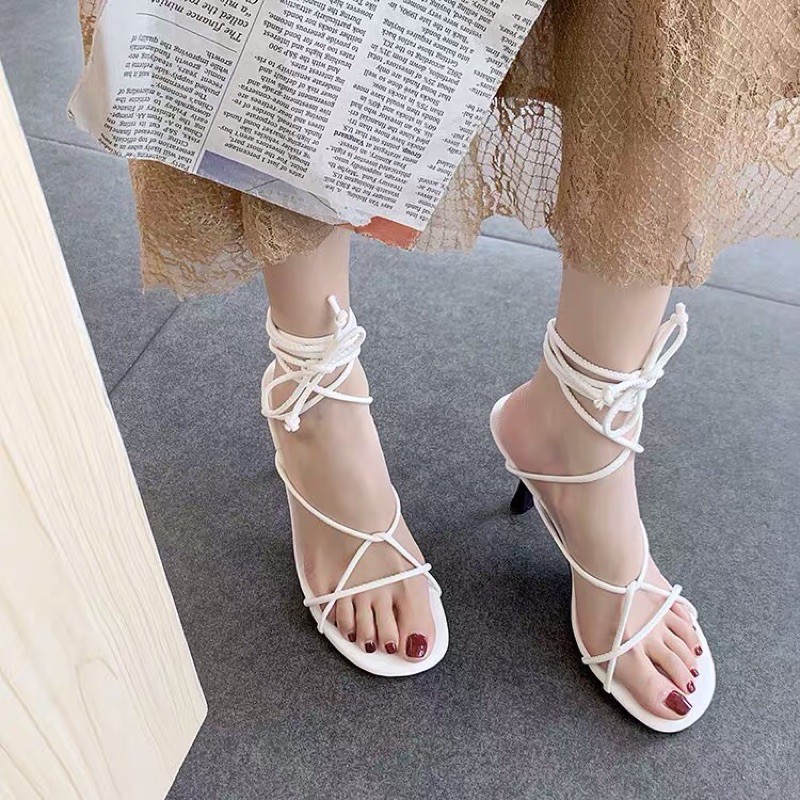 [Sẵn] Sandal buộc dây gót nhọn cao 9cm Ulzzang / Giày Sandal cột dây cao gót