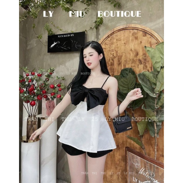 Set áo 2 dây phối nơ + quần short đen Size 37-50kg