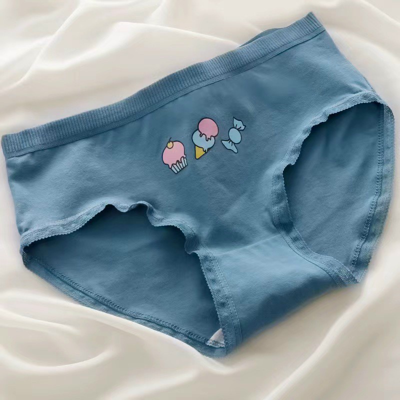 Quần Lót Nữ Cotton Xanh Họa Tiết Dễ Thương - Đáng Yêu Viền Ren Min Underwear 222115