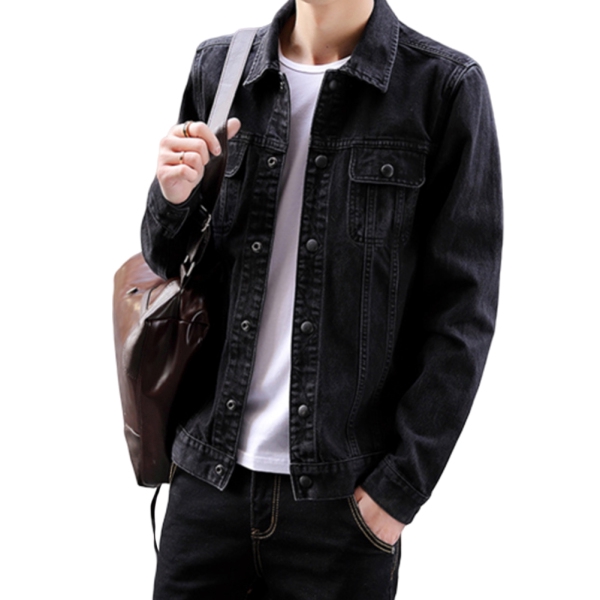 Men Long Sleeve Lapel Denim Jacket with Button for Campus Casual for Spring Autumn