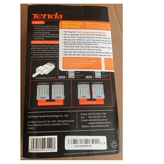 Đầu Bấm Mạng RJ45 CAT5e Tenda TEH5E010 Hộp 100 Hạt , Hàng Chính Hãng