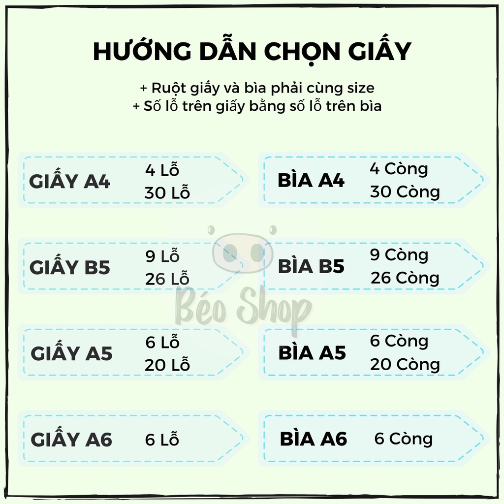 Ruột sổ còng giấy Refill size A4 A5 B5 30 20 26 lỗ Béo shop làm sổ planner bullet journal