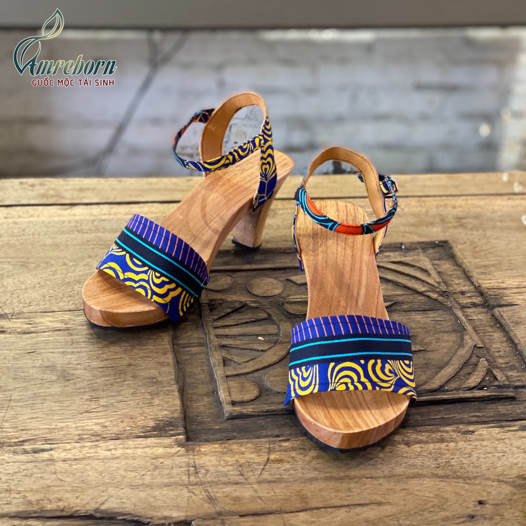 Combo túi xách guốc mộc tân thời, handmade, phong cách vintage, họa tiết vải đa sắc độc đáo