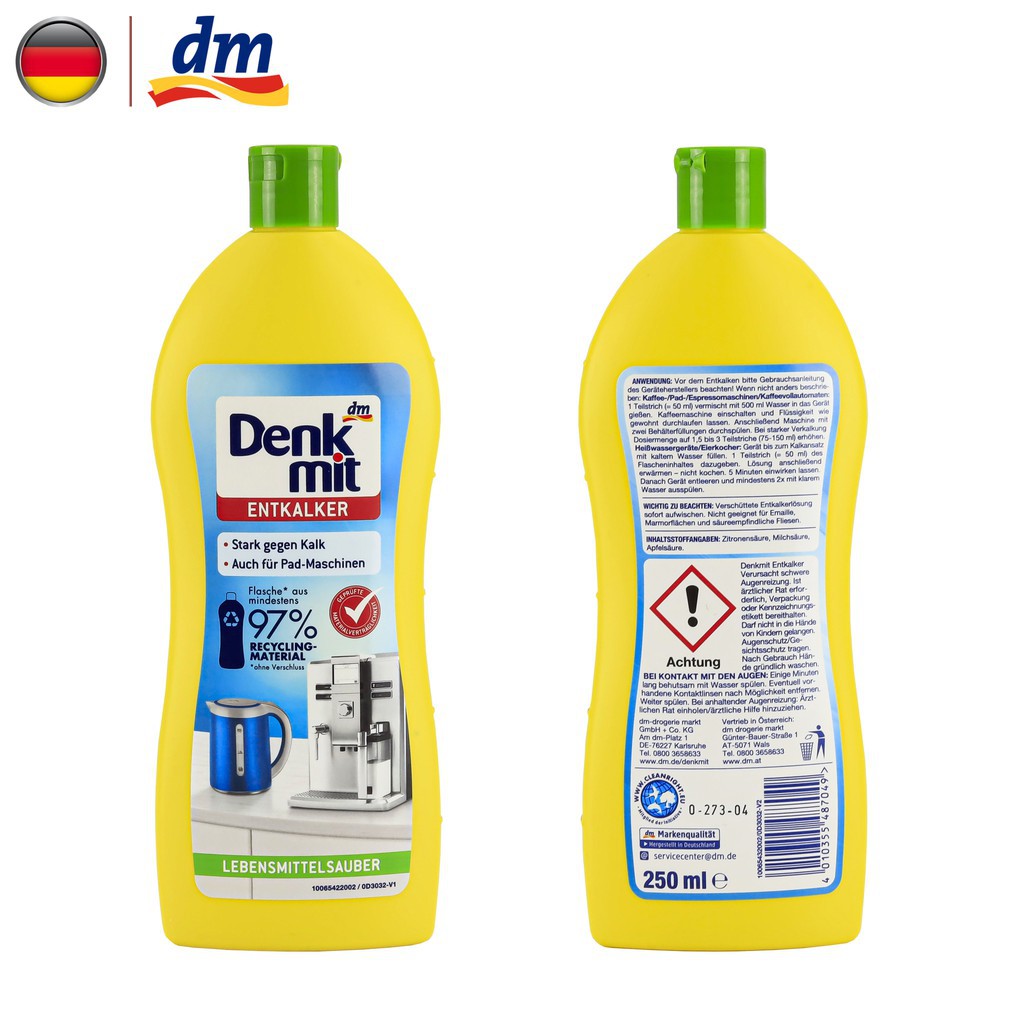 Dung dịch tẩy khử cặn canxi, vôi trong ấm nước, bình siêu tốc, máy pha cà phê Denkmit 250ml [HÀNG ĐỨC]