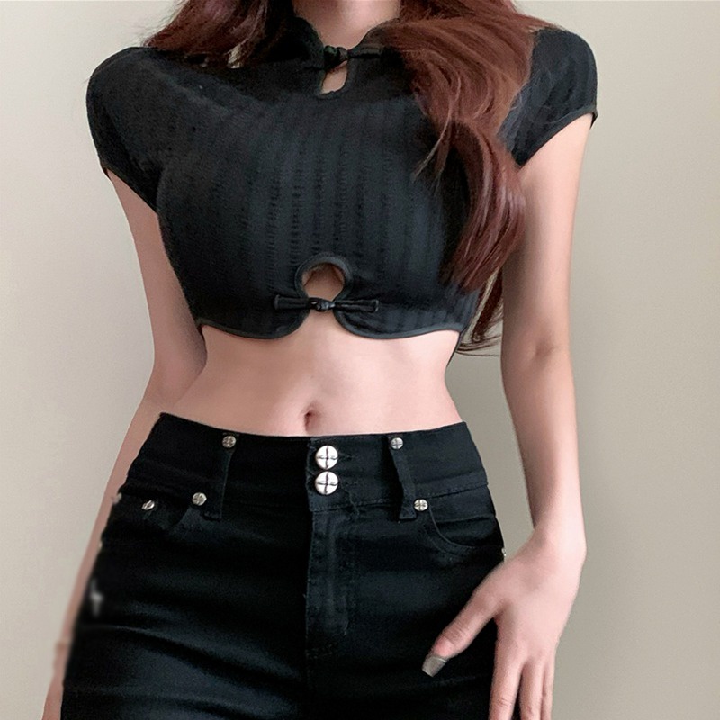 Áo Thun Crop Top Tay Ngắn Cổ Sườn Xám Khoét Lỗ Rỗng Phong Cách Trung Hoa Cho Nữ
