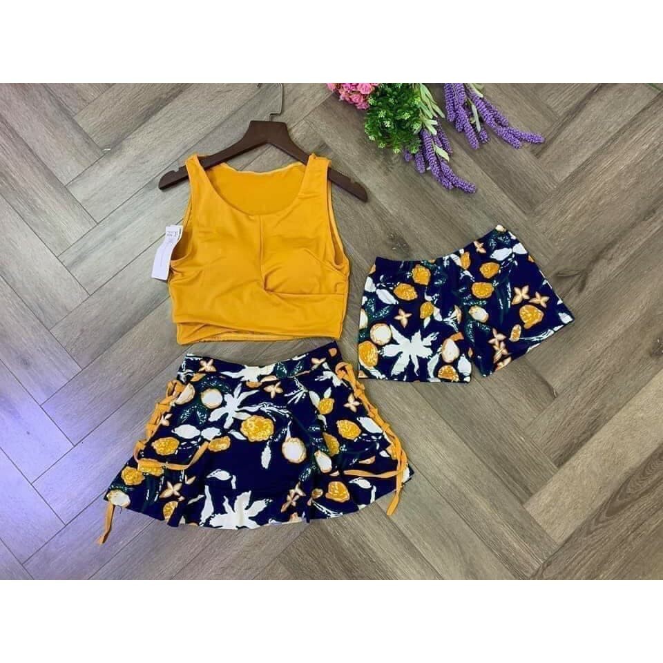 Bộ Đồ Bơi Nữ Bikini Đi Tắm Biển Set 3 Mảnh Áo Croptop Quần Đùi và Chân Váy Hoa Trẻ Kín Đáo B078