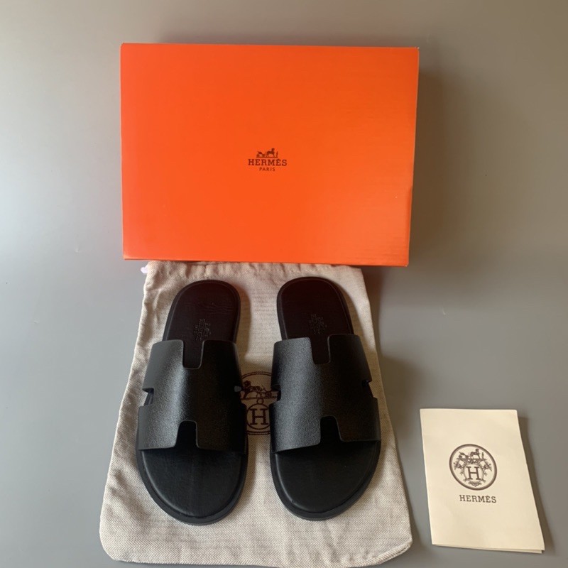 Dép Chữ H Quai Ngang Da Bò Mềm In Logo HM, Dép Hermes Nam Bản Quai Đen Mặt Đế Màu Cam