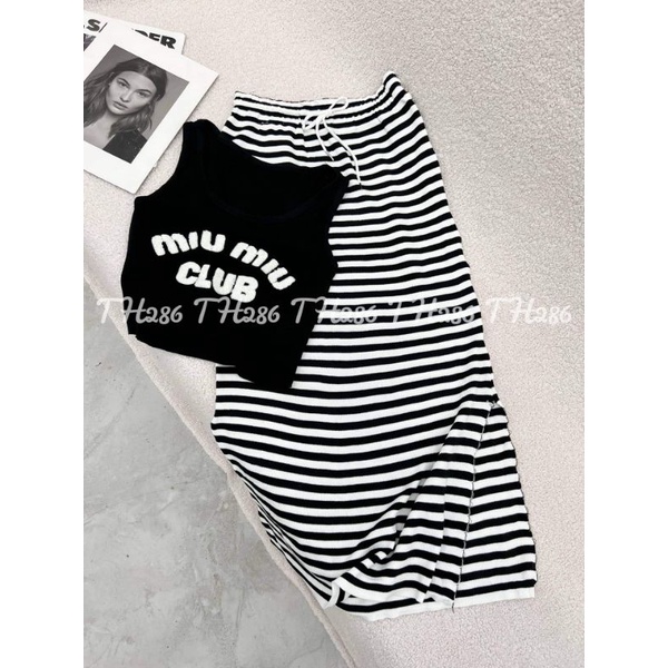 Sét len áo sát nách miu+ chân váy kẻ hàng QC