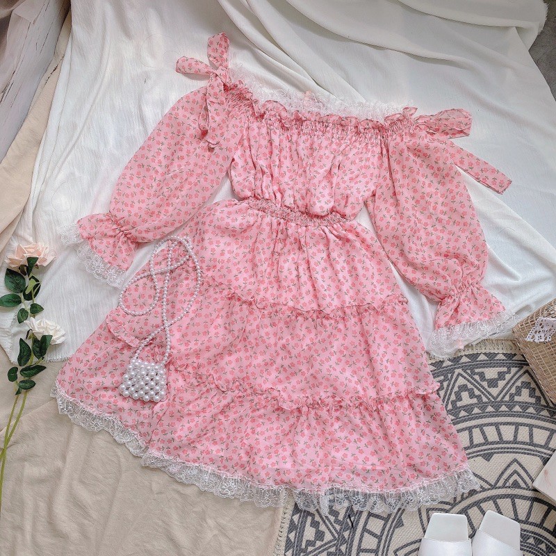 ĐẦM RỚT VAI HOA HỒNG NƠ