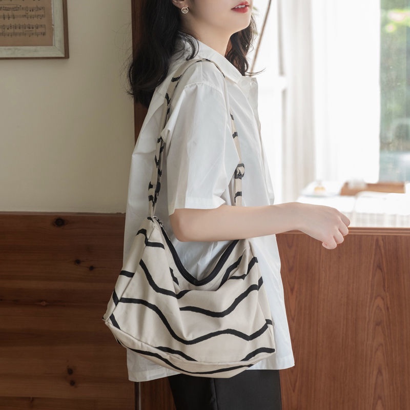 Túi Xách Canvas Họa Tiết Kẻ Sọc Sức Chứa Lớn 4 Kiểu Dáng Hàn Quốc Cho Nữ