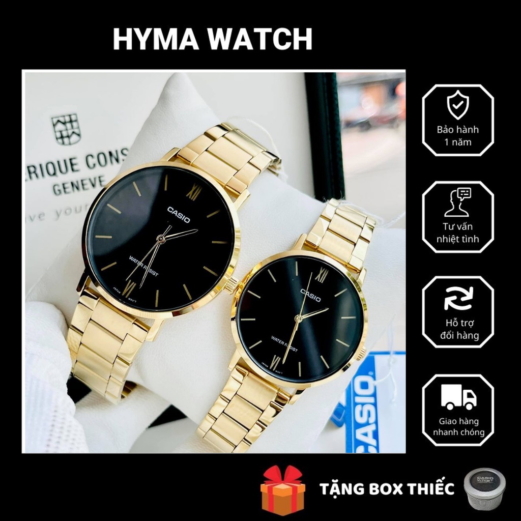 Đồng hồ nam nữ đẹp cao cấp - Đồng hồ đôi Casio VT01G-1AV Mặt đen dây thép không gỉ Bảo hành 1 năm Hyma watch