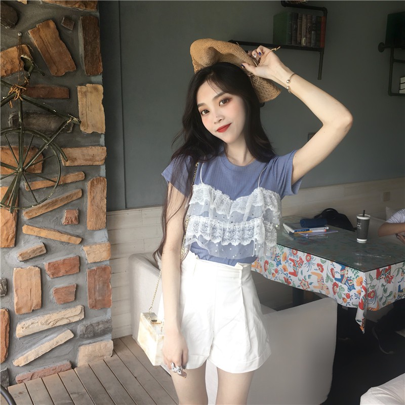 Áo Thun Tay Ngắn Giả Hai Lớp Phong Cách Hàn Quốc Cho Nữ | BigBuy360 - bigbuy360.vn