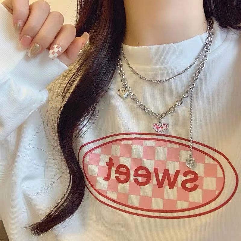 Vòng cổ Mặt Trái Tim Đôi Màu Hồng Phong Cách Hip hop Hàn Quốc