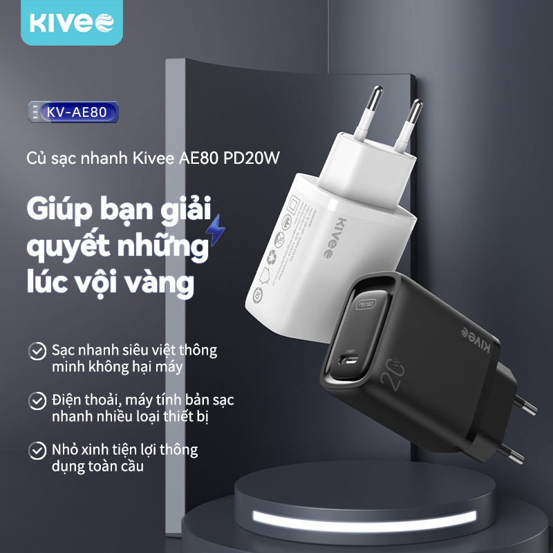 Củ sạc nhanh KIVEE sạc nhanh PD 20w cho Apple iPhone 12 Pro Max 11 XS Max XR Samsung Xiaomi Huawei