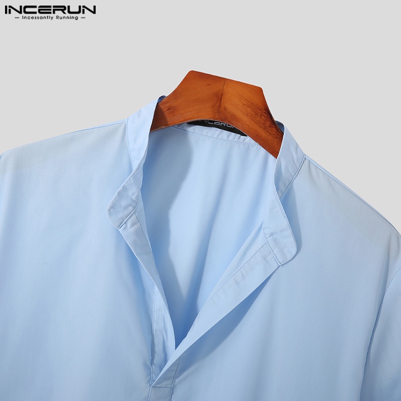 Áo sơ mi cotton INCERUN ngắn tay cổ chữ v màu trơn thời trang mùa hè cho nam