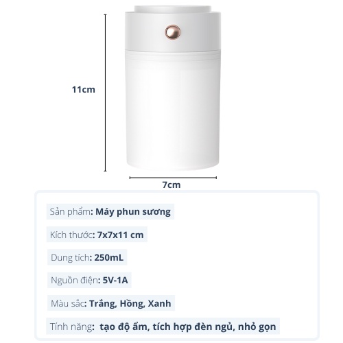 Máy phun sương tạo ẩm không khí kết hợp đèn ngủ hình trụ màu trắng/hồng/xanh 250ML