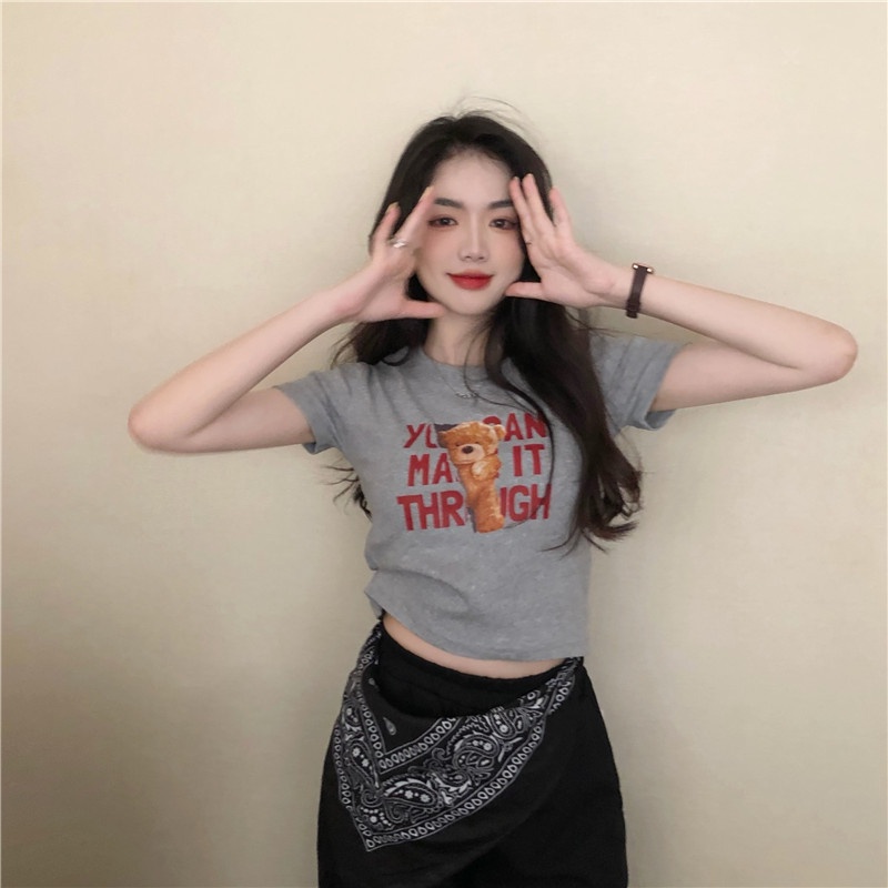 IELGY Áo Thun Ngắn Tay In Hình Gấu Và Chữ Phong Cách Hàn Quốc Dành Cho Nữ
