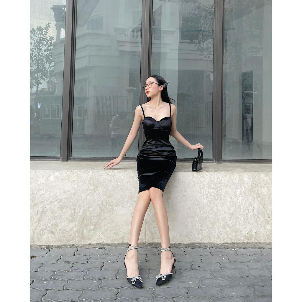 Đầm body sexy. Đầm dáng ômngực dây cổ chất liệunhung gân co giãn tốt,