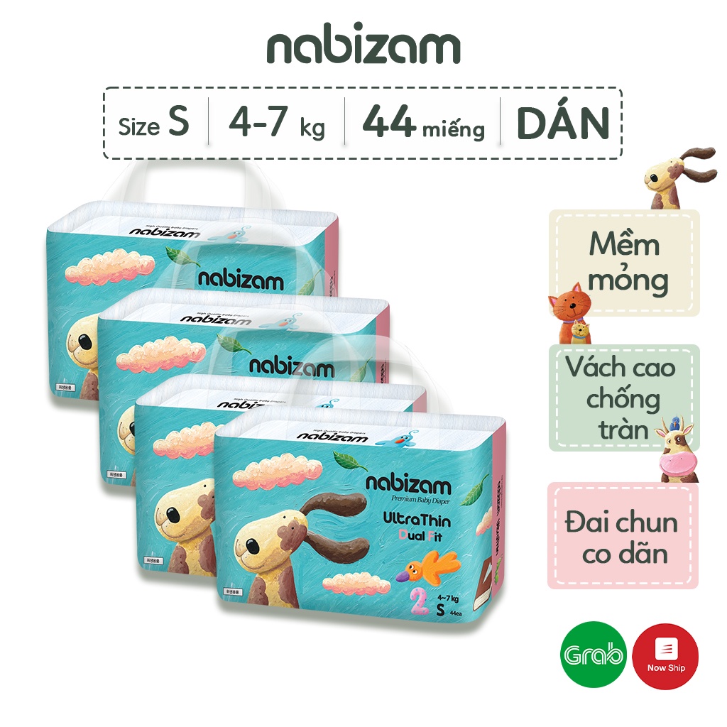 COMBO 4 Tã/Bỉm Dán Nabizam UltraThin Nội Địa Hàn Mềm Mỏng, Chống Tràn Tối Đa Size S44 Cho Bé Từ 4-7kg, 44 Miếng/Bịch