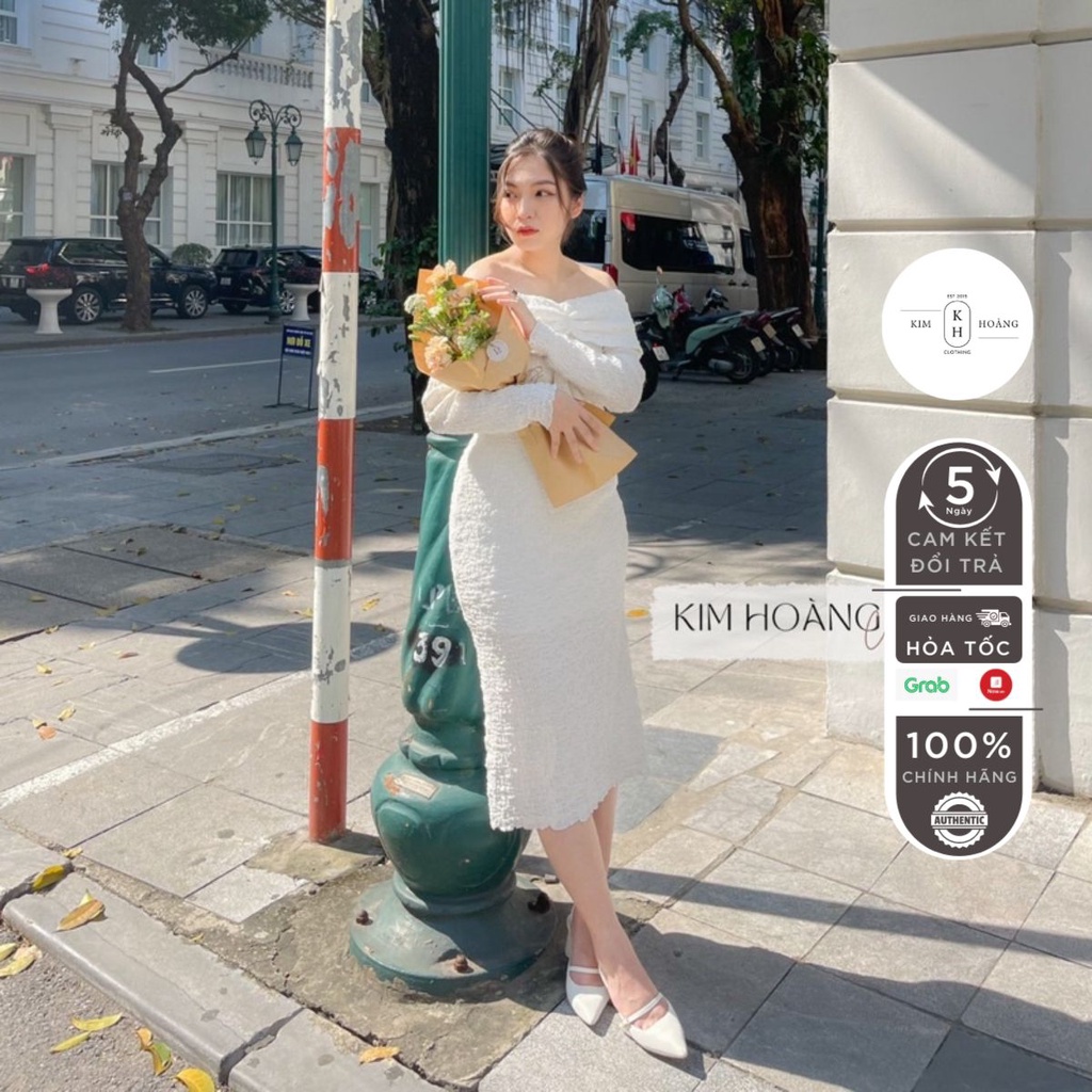 Váy trễ vai dự tiệc cổ cách điệu len xốp 2 lớp hàng cao cấp