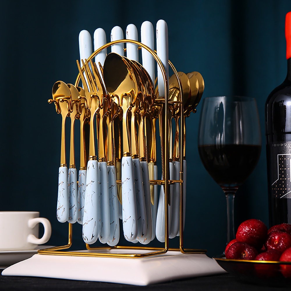 Dao thìa nĩa kèm giá treo bộ 25 món mạ vàng vân đá – VS183