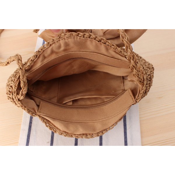 [NowShip - Giao Ngay] Túi Cói Boho Vintage Đeo Vai, Đeo Chéo Hình Tròn Dây Da Màu Nâu Be Trơn