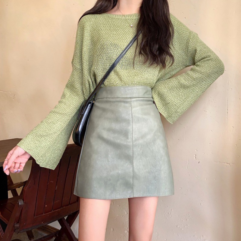 Chân Váy Da Pu Lưng Cao Thiết Kế Dáng Chữ A Nữ Tính