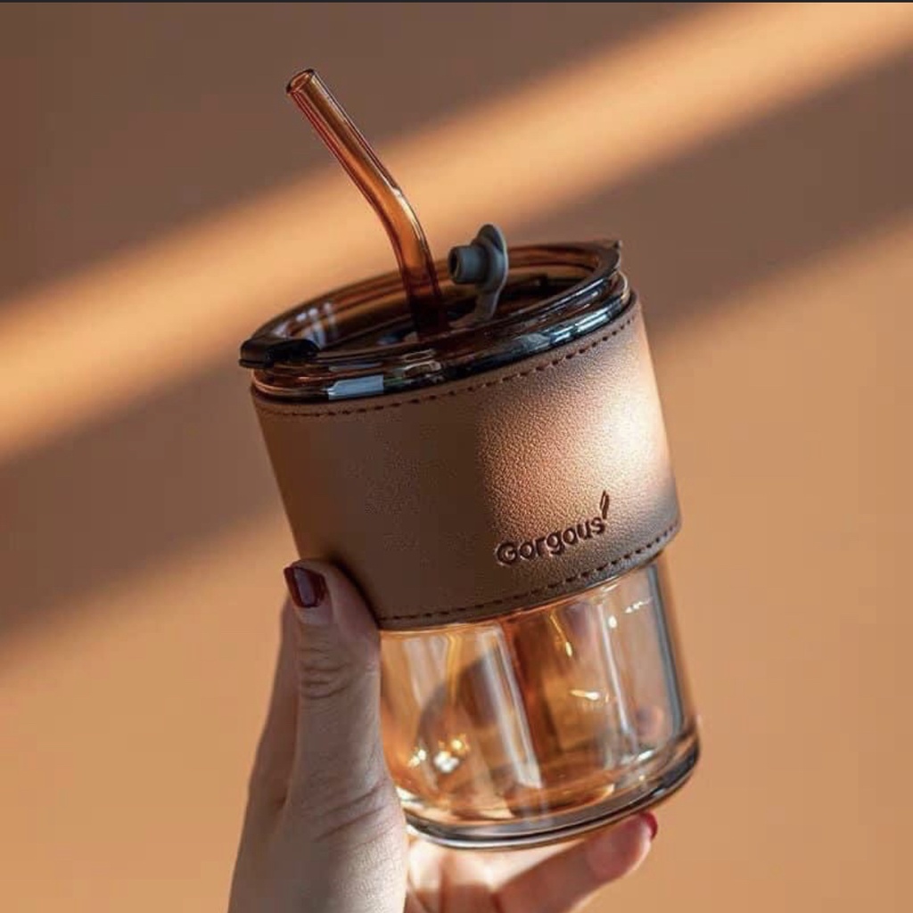 [Hàng Mới] Ly thủy tinh uống nước (kèm Vỏ da + Nắp + Ống Hút) màu hổ phách chịu nhiệt nóng lạnh 400ml