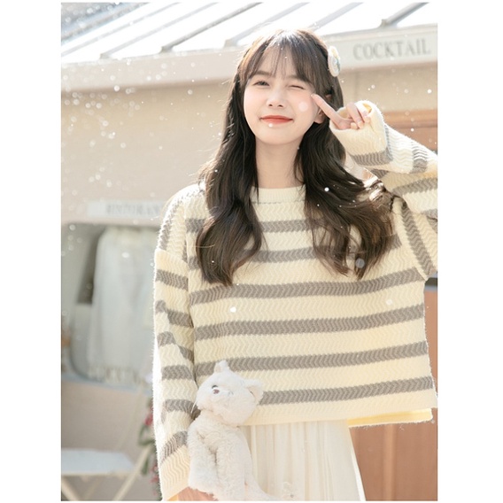 Porozi  Áo sweater Nữ Dáng Rộng Kẻ Sọc Ngang Phong Cách Hàn Quốc