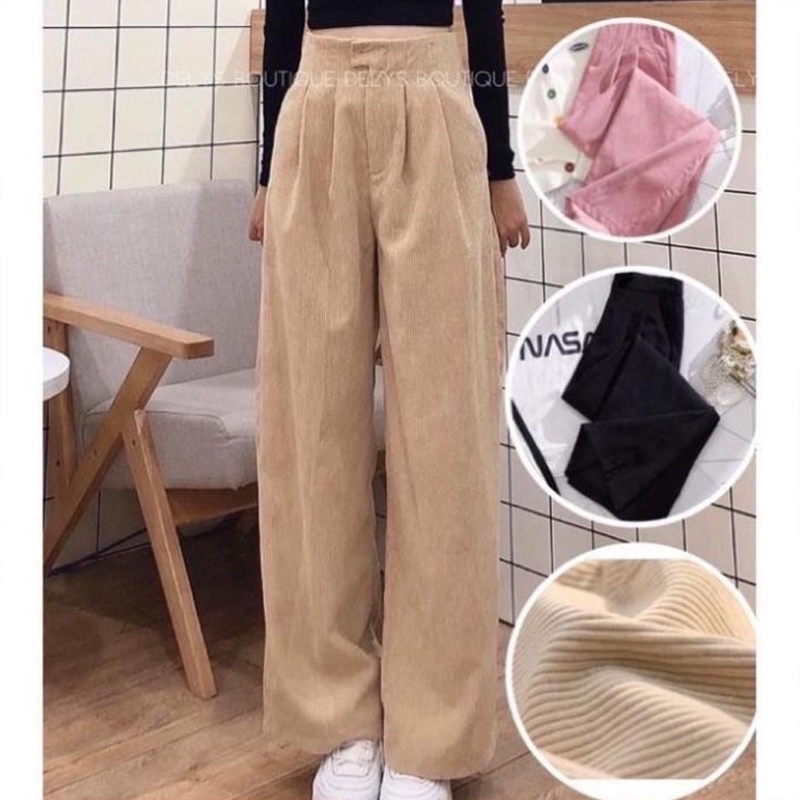 Quần ống rộng nữ dài chất nhung tăm cạp khóa trước thời trang ROSA BOUTIQUE