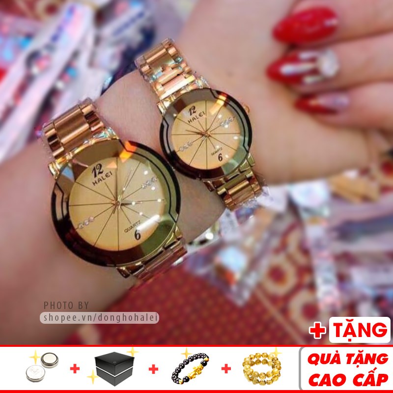 Đồng hồ cặp đôi Halei 668G Gold chống nước cao cấp chính hãng dây vàng sang trọng đẹp đôi - Đồng Hồ Halei