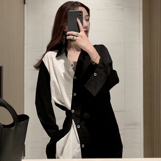 Áo Sơ Mi Tay Dài Dáng Rộng Giả Hai Lớp Màu Sắc Tương Phản Phong Cách Retro Hong Kong Cho Nữ
