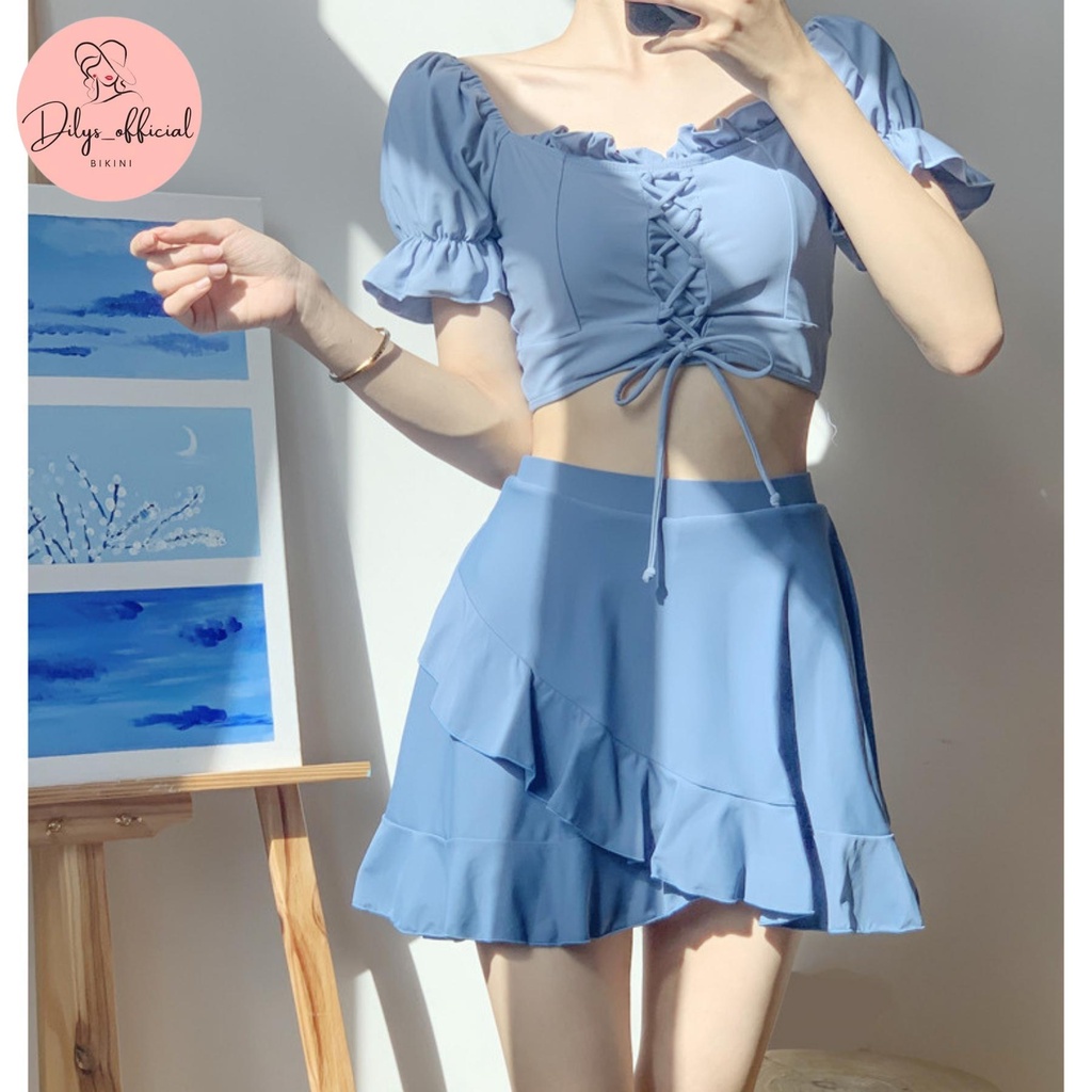 Đồ bơi nữ 2 mảnh kín đáo DILYS 8357, Bikini đi biển phong cách hàn quốc áo bèo trễ vai chân váy trẻ trung, hiện đại