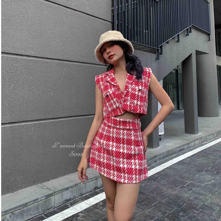 ♙✽Set dạ áo croptop bọc cúc chân váy ngắn Mallorie L'amant Boutique