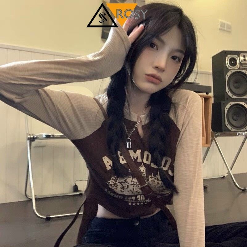 Áo croptop tay dài in hình màu sắc lạ mắt cá tính