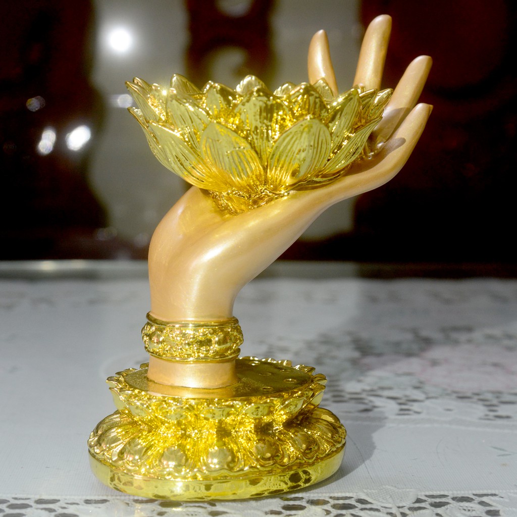 Tượng bàn tay Phật nâng hoa sen xi vàng cao 12cm