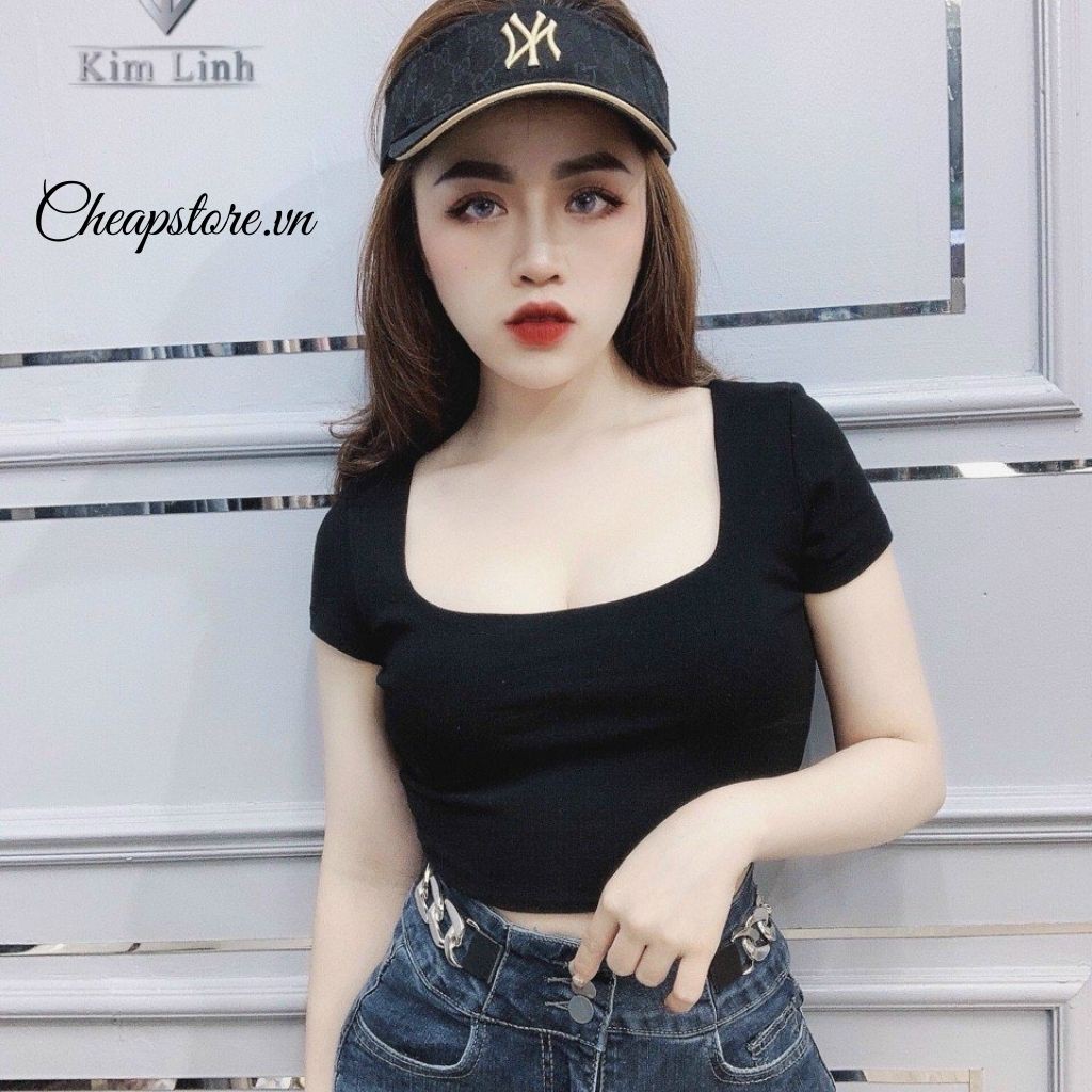 Áo thun croptop cổ U form ôm tay ngắn chất đẹp, hottren 2021 - Áo phông cổ U cộc tay chất zip  nhiều màu sắc | BigBuy360 - bigbuy360.vn